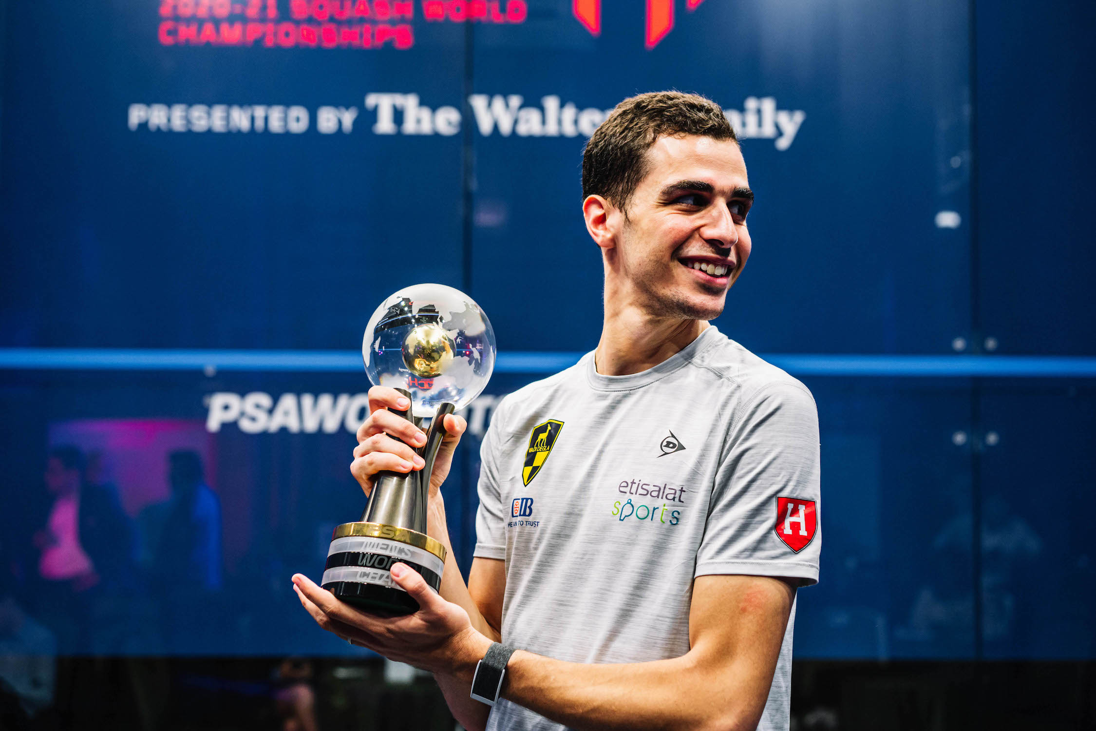 Ali Farag with the 2020-21 PSA World Championships trophy