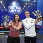 Nour El Sherbini and Ali Farag with the 2023 British Open trophies.