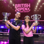 Mostafa Asal and Nouran Gohar with the 2024 British Open trophies.