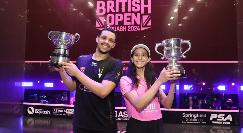 Mostafa Asal and Nouran Gohar with the 2024 British Open trophies.